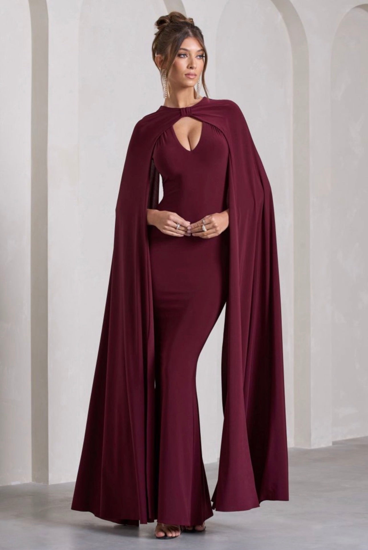 Burgundy cape-detail cut-out maxi gown with keyhole neckline — Club L London | Endless UAE
