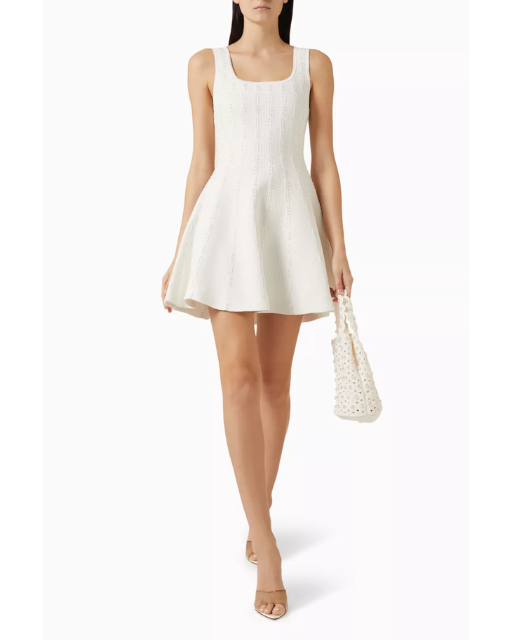 Lyssandra Mini Dress in cream with ribbed texture and scoop neckline — Sandro | Endless UAE