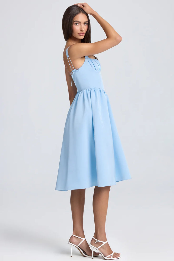 Light blue draped corset midaxi dress with open back and white strappy heels — Oh Polly | Endless UAE