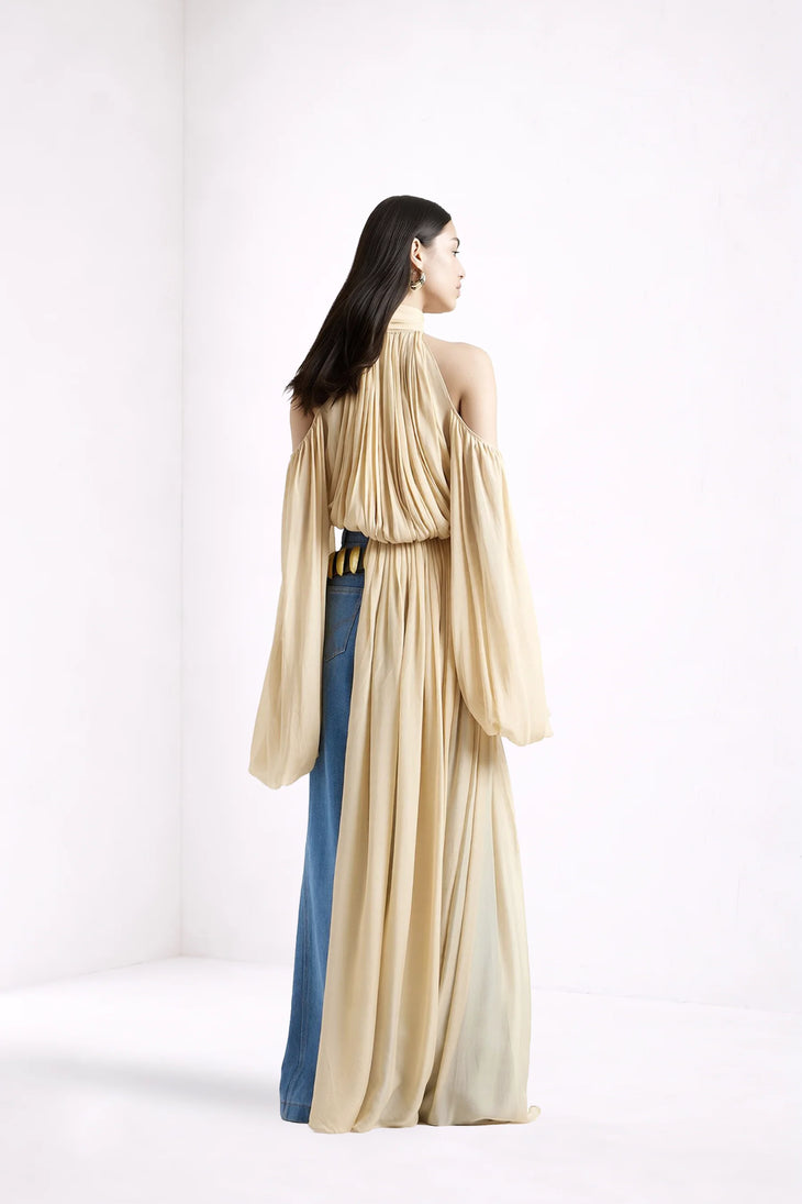 Sage Dress in cream with draped cold-shoulder sleeves and blue denim panel — Deme By Gabriella | Endless UAE