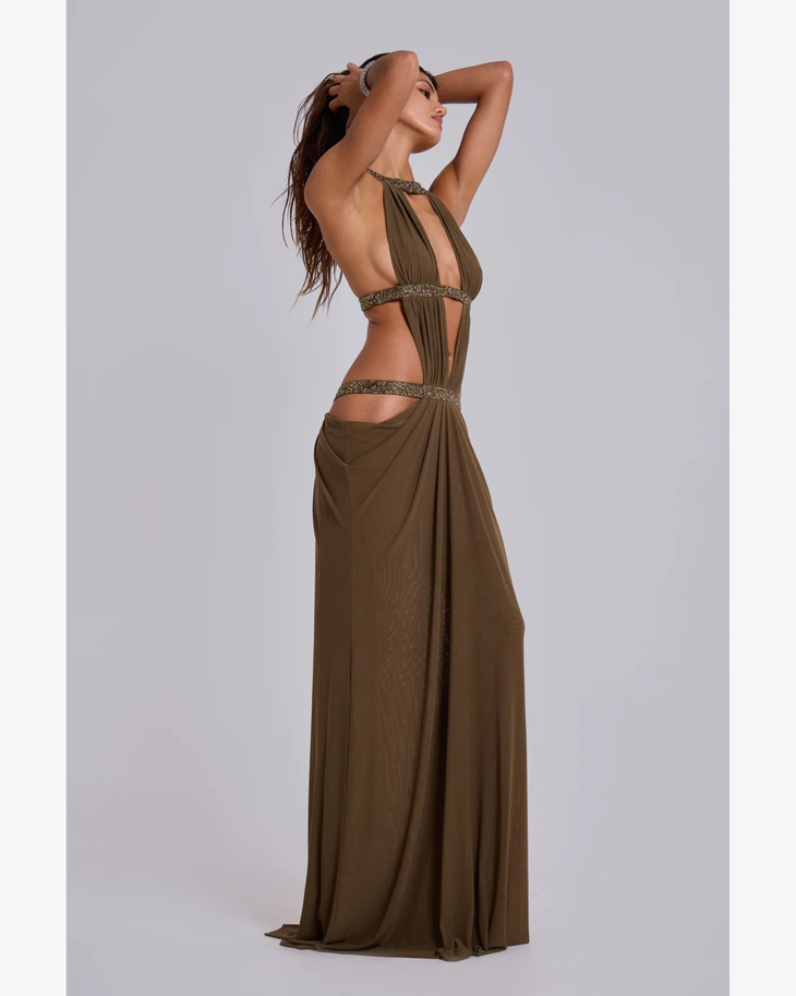 Olive halter maxi dress with beaded cutout details and draped fabric — Jaded London | Endless UAE