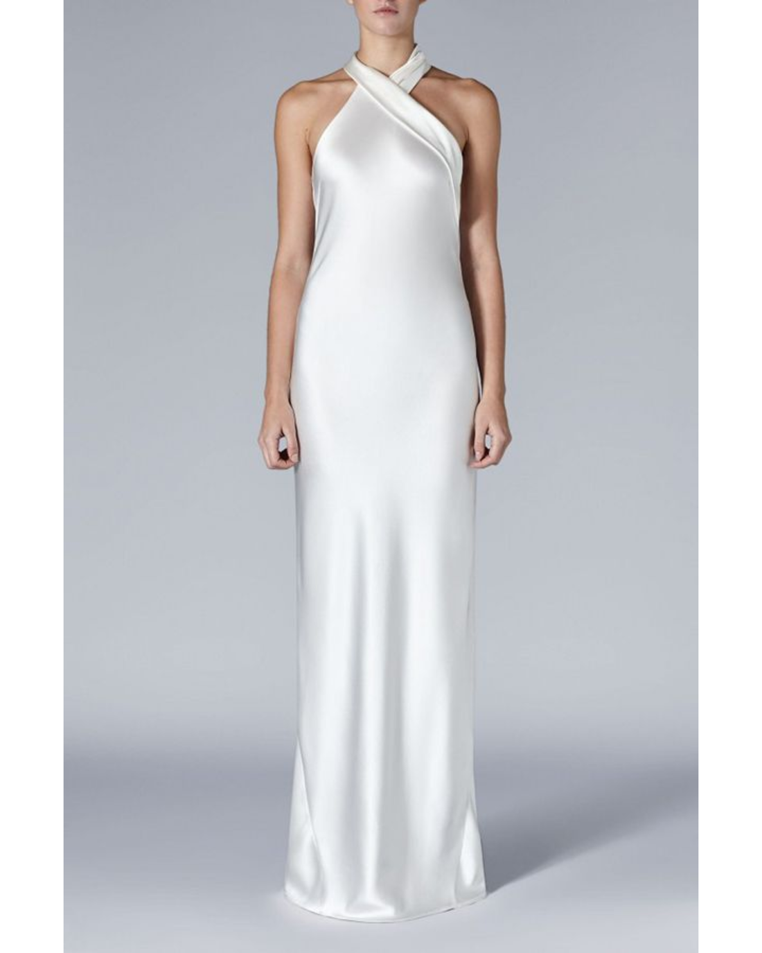 White halterneck sleeveless wrap dress with asymmetric draping — Galvan | Endless UAE