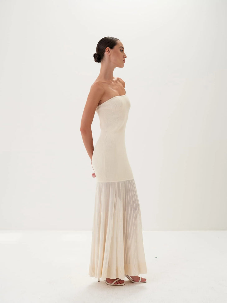Cream ribbed strapless maxi gown with detachable scarf collar and pleated hem — Nora The Label | Endless UAE