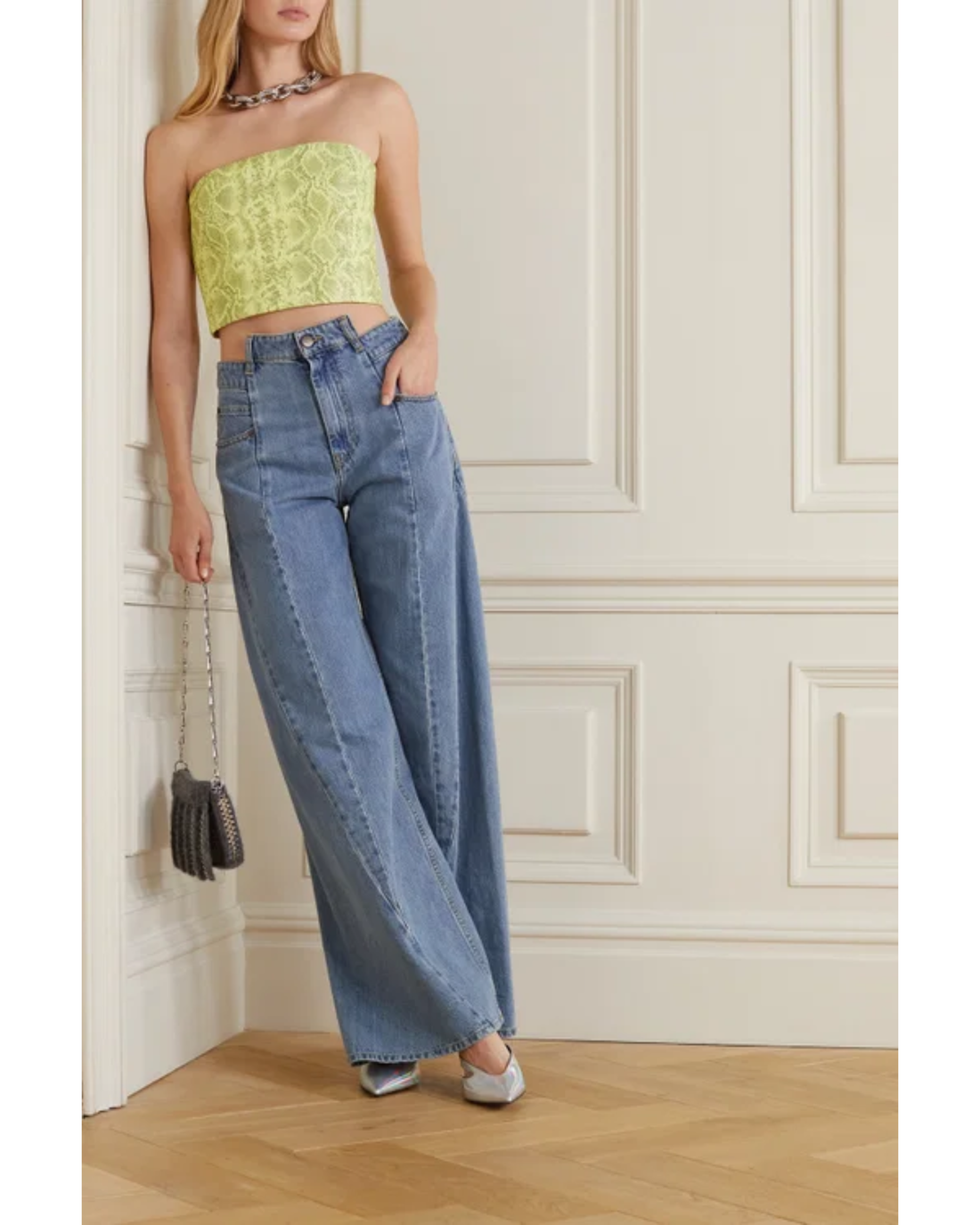 Rotate Emili lime green lace strapless cropped top with chain necklace — Rotate | Endless UAE