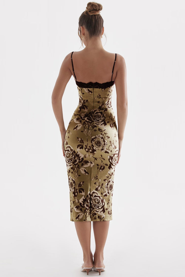 Woman wearing beige floral midi dress with black lace trim and thin straps — House of CB | Endless UAE