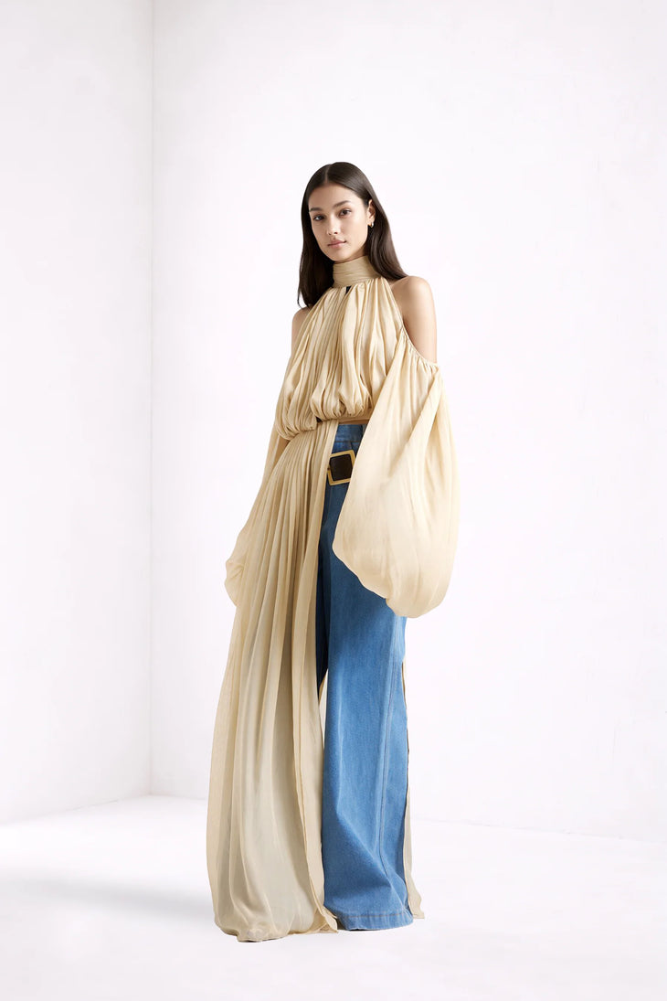 Sage Dress in cream with draped cold-shoulder sleeves and blue denim panel — Deme By Gabriella | Endless UAE