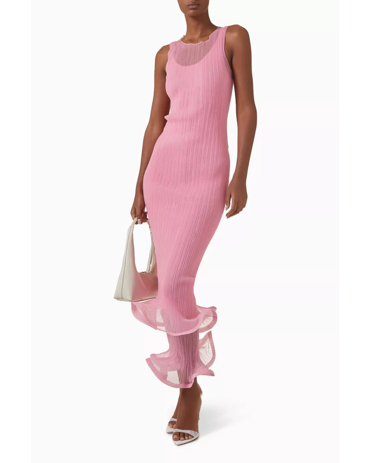 Pink ribbed sleeveless midi dress with ruffled hem detail — Simkhai | Endless UAE