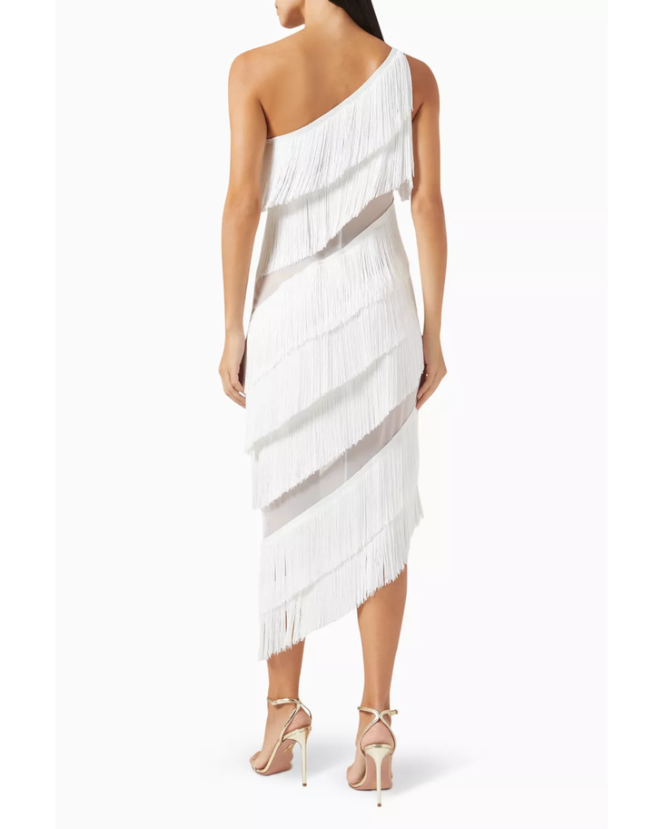 White one-shoulder fringe dress with sheer mesh bands and asymmetrical hem — Norma Kamali | Endless UAE