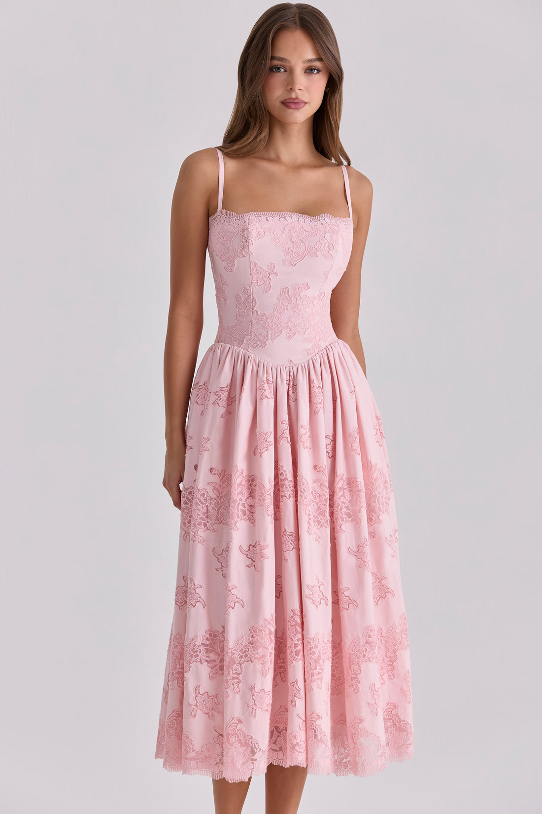 Pink broderie anglais lace midi sundress with square neckline and full skirt — House of CB | Endless UAE