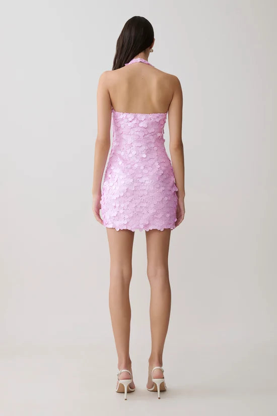 Caralee Sequin Dress in pink with halter neckline and textured finish — Meshki | Endless UAE