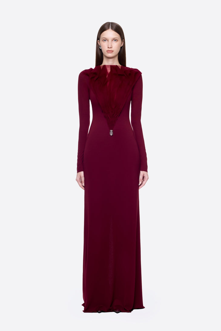 Zerina Dress in burgundy with long sleeves and floor-length silhouette — Chats By C.Dam | Endless UAE