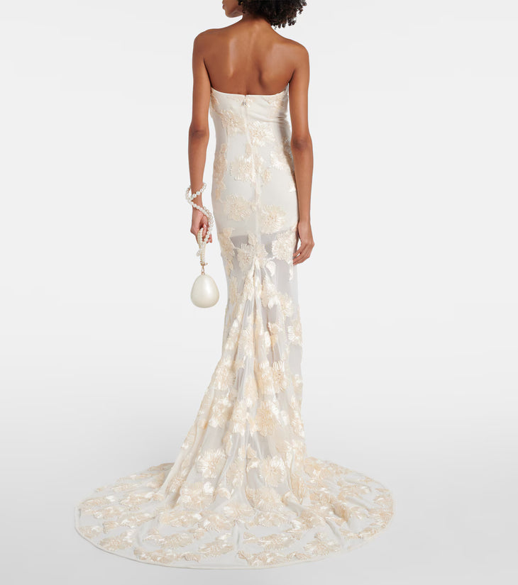 Alberty cream floral-appliqué mesh strapless gown with train — Rotate Birger Christensen | Endless UAE