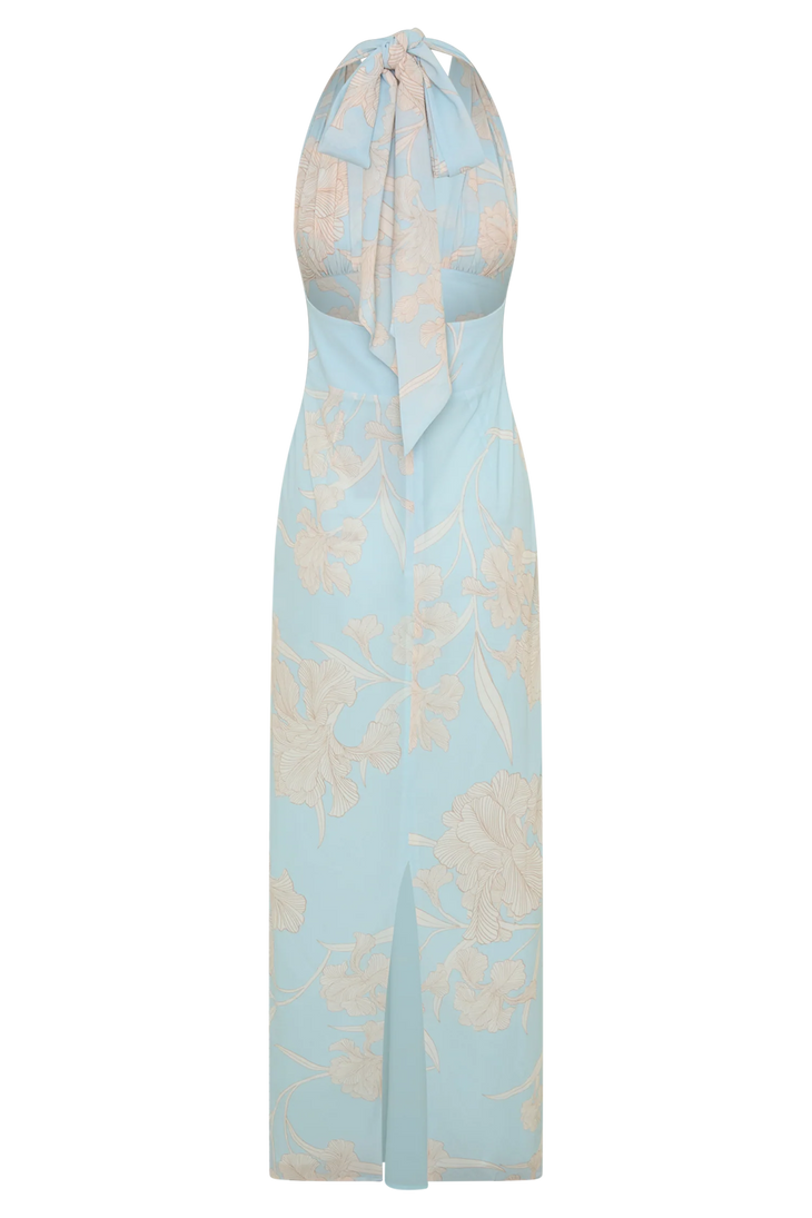Light blue chiffon halter maxi dress with cream floral embroidery and scarf neckline — Meshki | Endless UAE