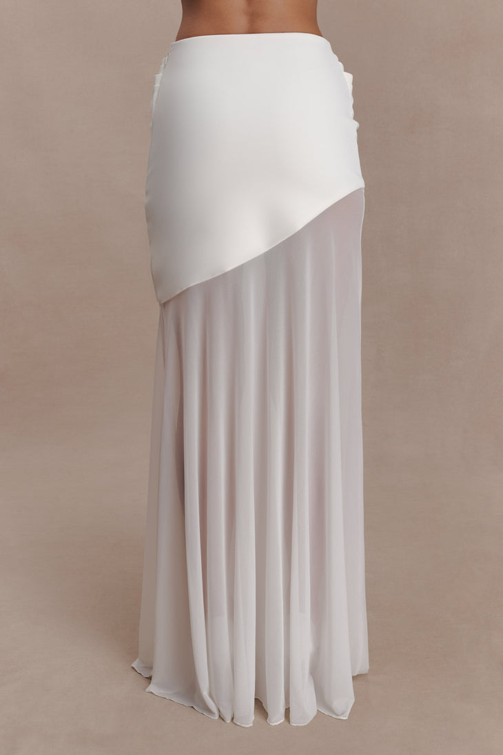 White scuba and mesh maxi skirt with asymmetrical color-block design — Meshki | Endless UAE