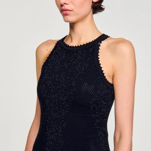 Black sleeveless shiny mesh midi dress with layered tulle overlay — Sandro | Endless UAE