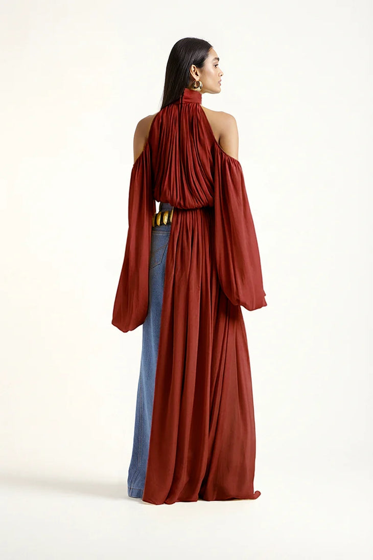 Sage Dress in Brick with cold-shoulder design and flowing sleeves — Deme By Gabriella | Endless UAE