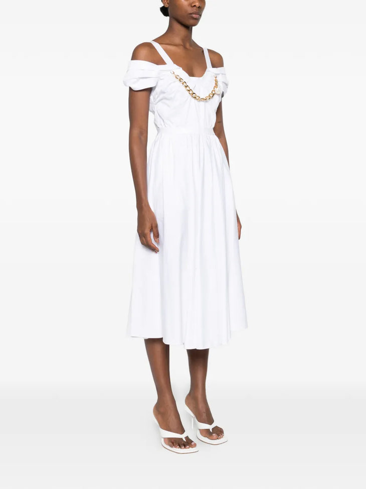 White stretch cotton dress with cold-shoulder sleeves and open back — Elisabetta Franchi | Endless UAE