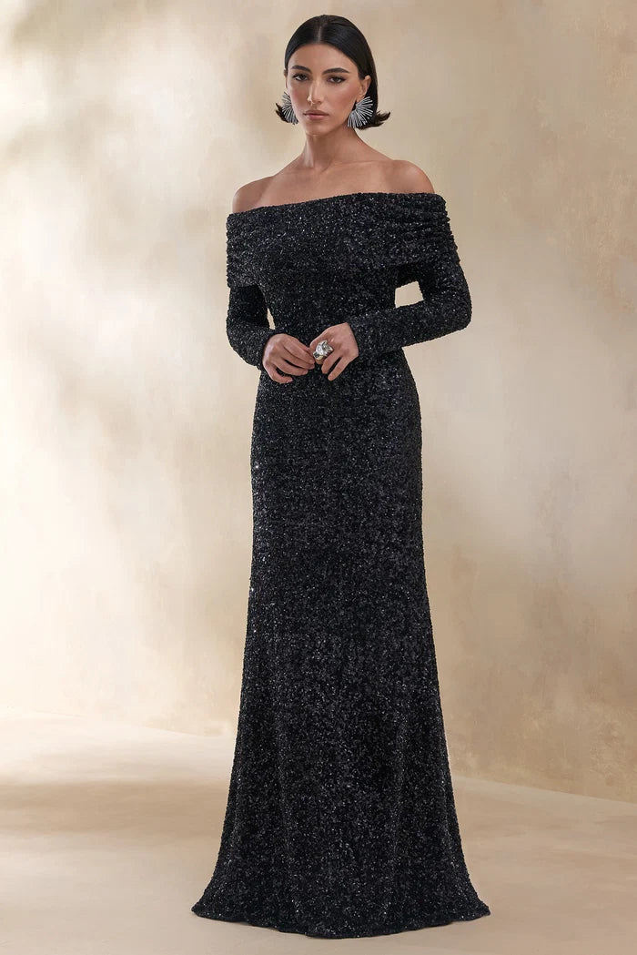 Black sequin bardot-neck maxi dress with off-shoulder neckline — Club L London | Endless UAE