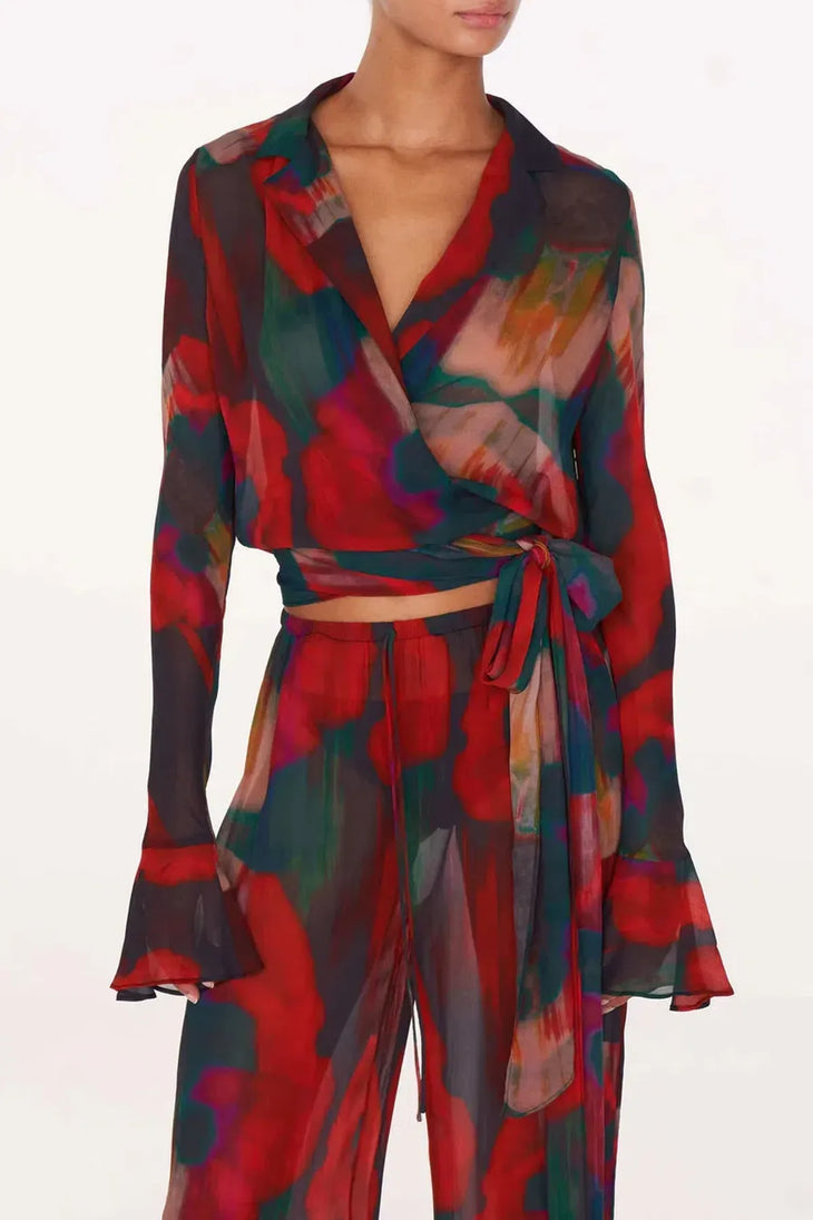 Gemini Co-ord Set in red and teal abstract print with wrap top and matching skirt — Rat & Boa | Endless UAE