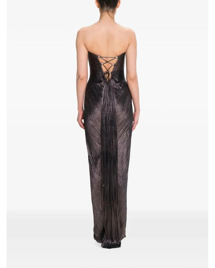 Black pleated strapless maxi dress with cutout detail and high slit — Maria Lucia Hohan | Endless UAE