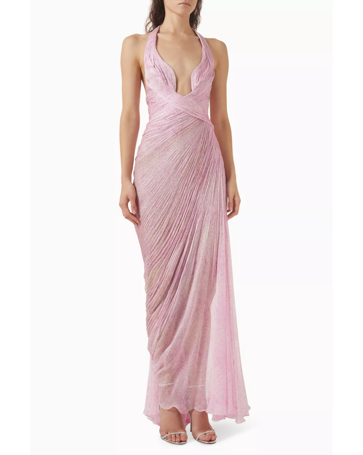 Pink pleated halter maxi dress with wrap waist detail — Maria Lucia Hohan | Endless UAE