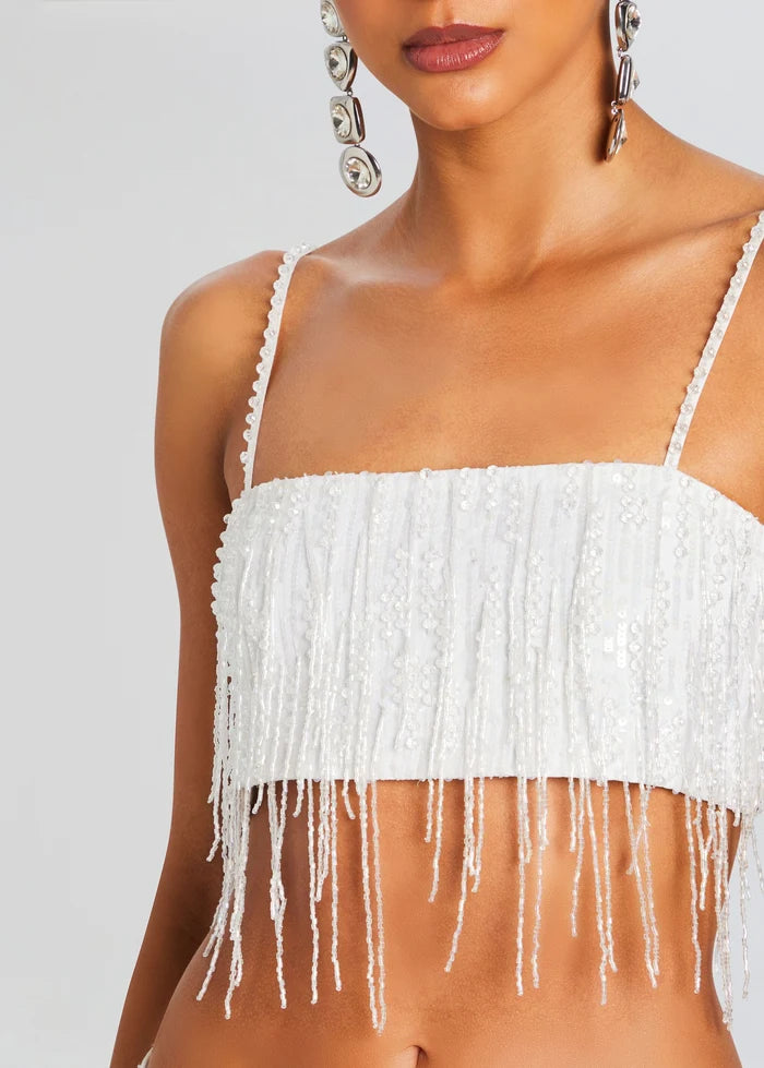 White fringed sequin crop top and mini skirt two-piece set — Retrofete | Endless UAE