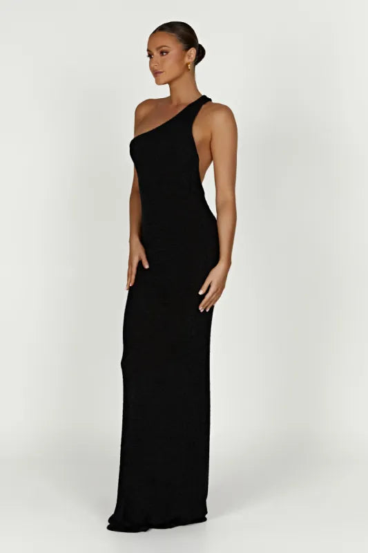 Woman wearing a black one-shoulder knit maxi dress — Meshki | Endless UAE
