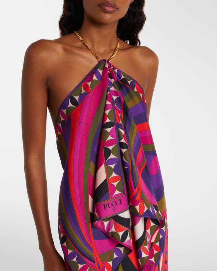 Orchidee-print silk scarf with chain top detail in vibrant purple, pink and gold — Emilio Pucci | Endless UAE