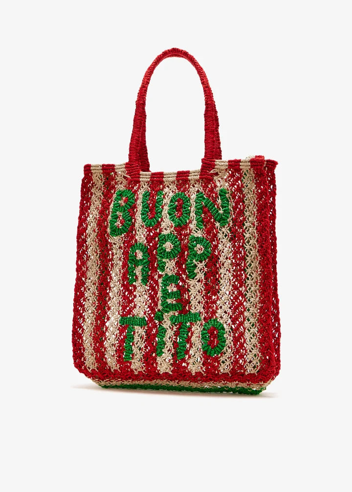 Red and green crocheted tote bag with striped pattern and handles — The Jacksons | Endless UAE