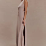 Lyla Dress in beige one-shoulder maxi with flowing silhouette — Meshki | Endless UAE