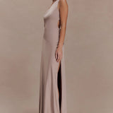 Lyla Dress in beige one-shoulder maxi with flowing silhouette — Meshki | Endless UAE