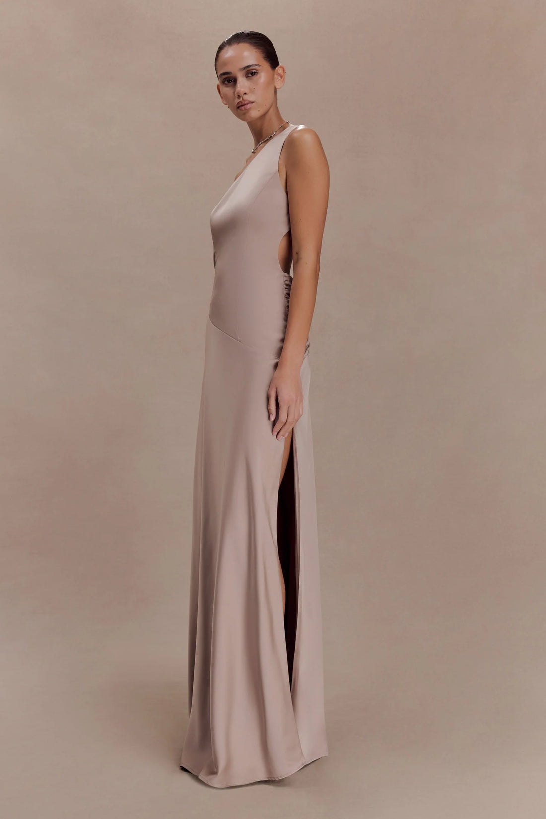 Lyla Dress in beige one-shoulder maxi with flowing silhouette — Meshki | Endless UAE