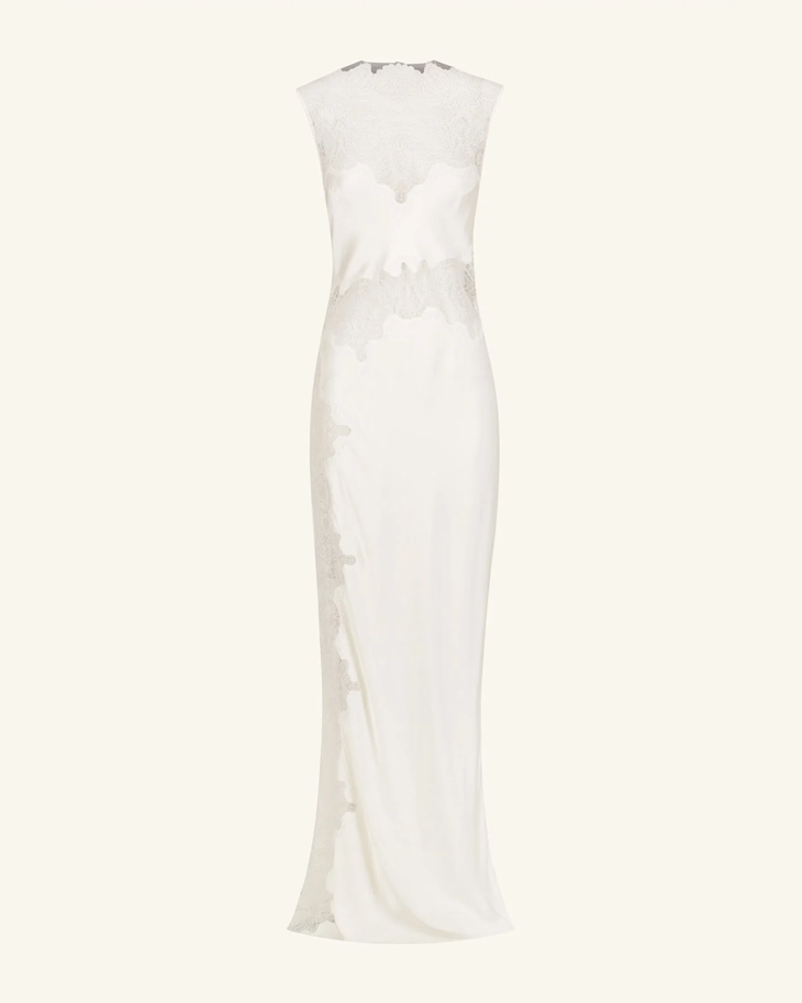 Stratus Sheer Lace High Neck Maxi Dress in cream with intricate lace detailing — Shona Joy | Endless UAE