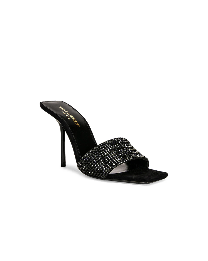 Black crystal-embellished mule heels with stiletto heel — Saint Laurent | Endless UAE
