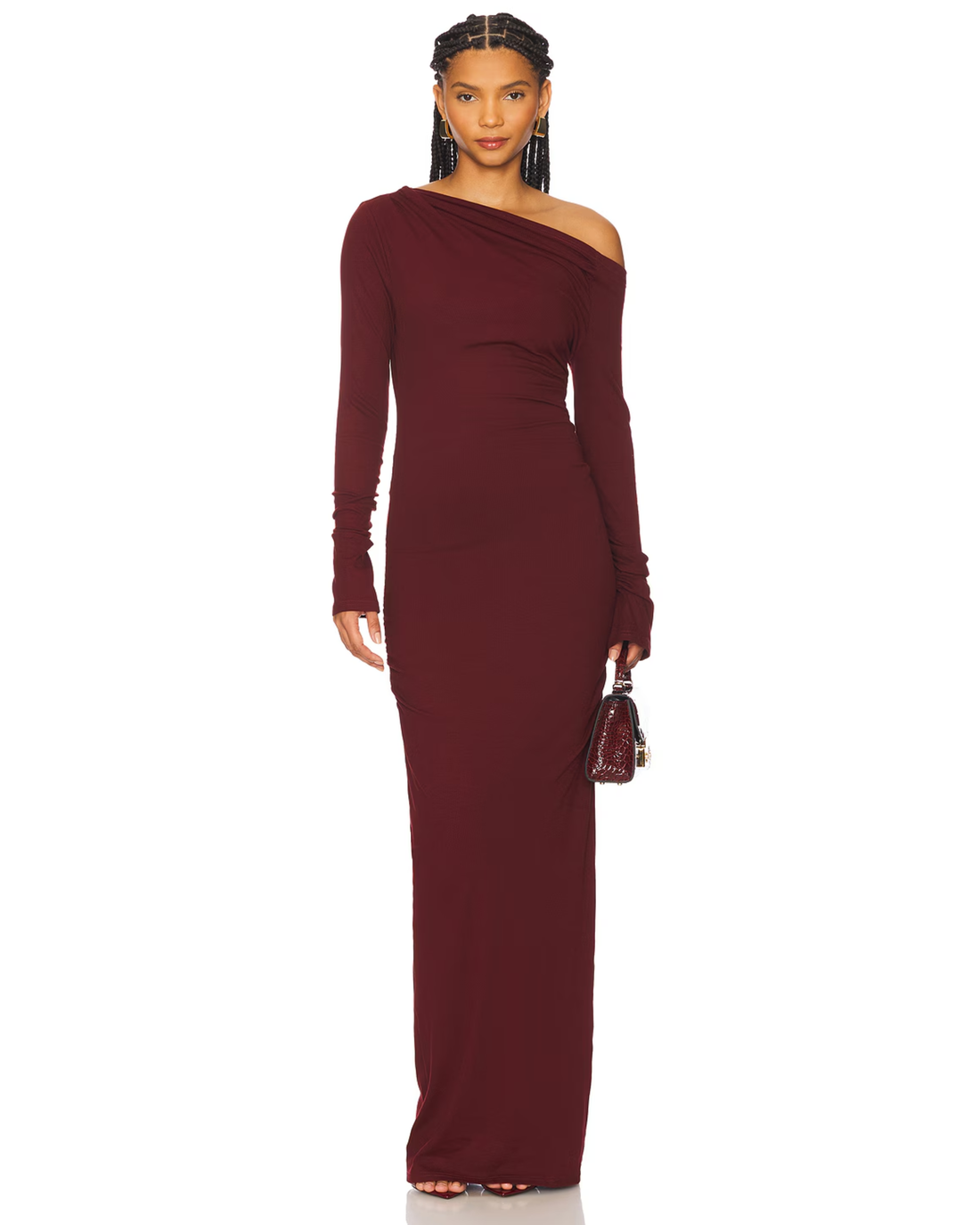 Woman wearing burgundy off-shoulder long-sleeve maxi dress — SNDYS x REVOLVE | Endless UAE