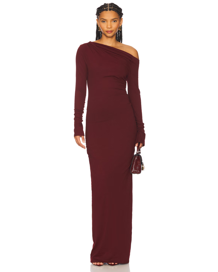 Woman wearing burgundy off-shoulder long-sleeve maxi dress — SNDYS x REVOLVE | Endless UAE