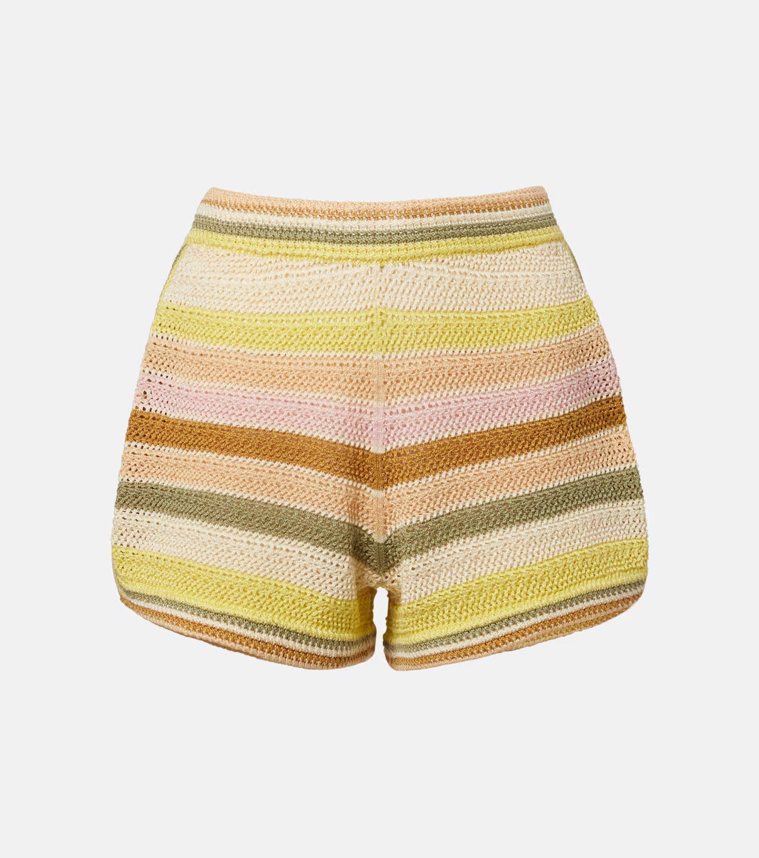 Woman wearing yellow striped crochet shorts set with matching cardigan and straw bag — Zimmermann | Endless UAE
