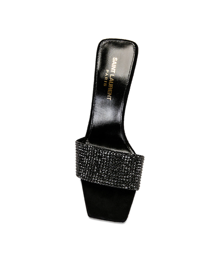 Black crystal-embellished mule heels with stiletto heel — Saint Laurent | Endless UAE