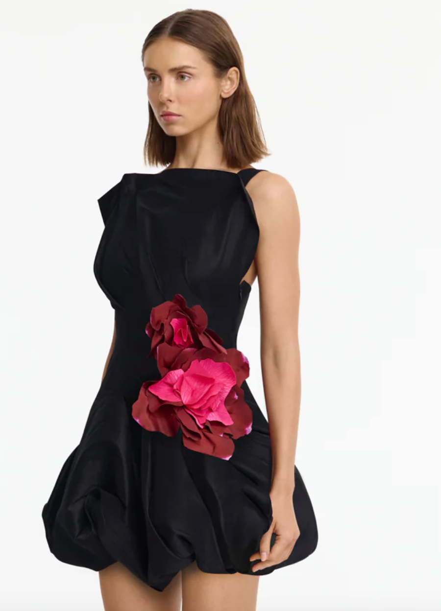 Black sleeveless mini dress with red floral embellishment at waist — Acler | Endless UAE