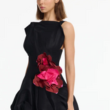 Black sleeveless mini dress with red floral embellishment at waist — Acler | Endless UAE