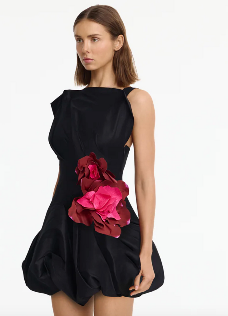 Black sleeveless mini dress with red floral embellishment at waist — Acler | Endless UAE