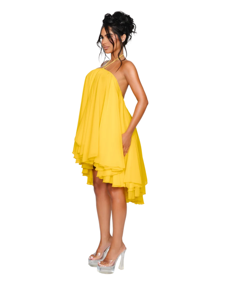 Yellow halter neck dress with layered ruffle hem and high-low asymmetrical cut — Coucoo | Endless UAE