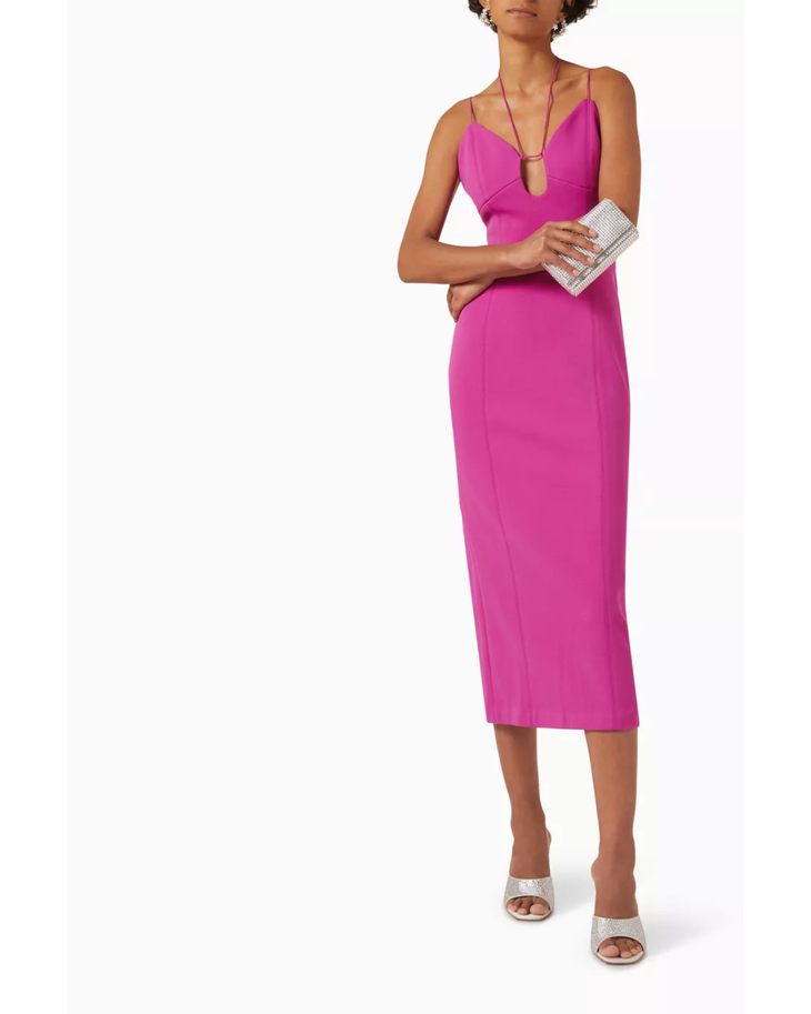 Magenta halter midi dress with plunging neckline and fitted silhouette — Misha | Endless UAE
