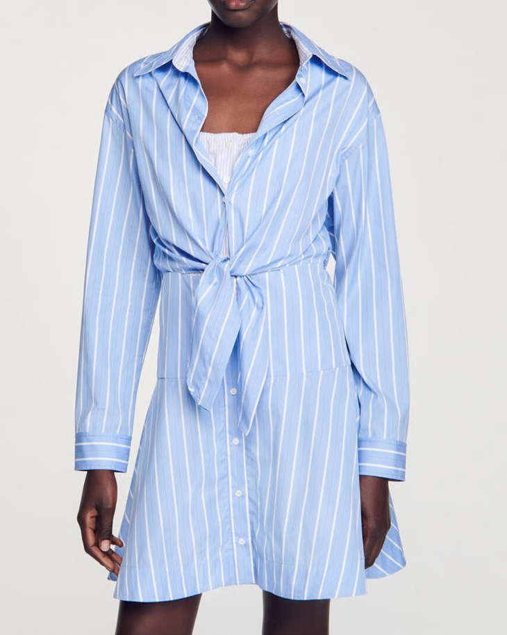 Light blue striped tie-front shirt dress with long sleeves — Sandro | Endless UAE