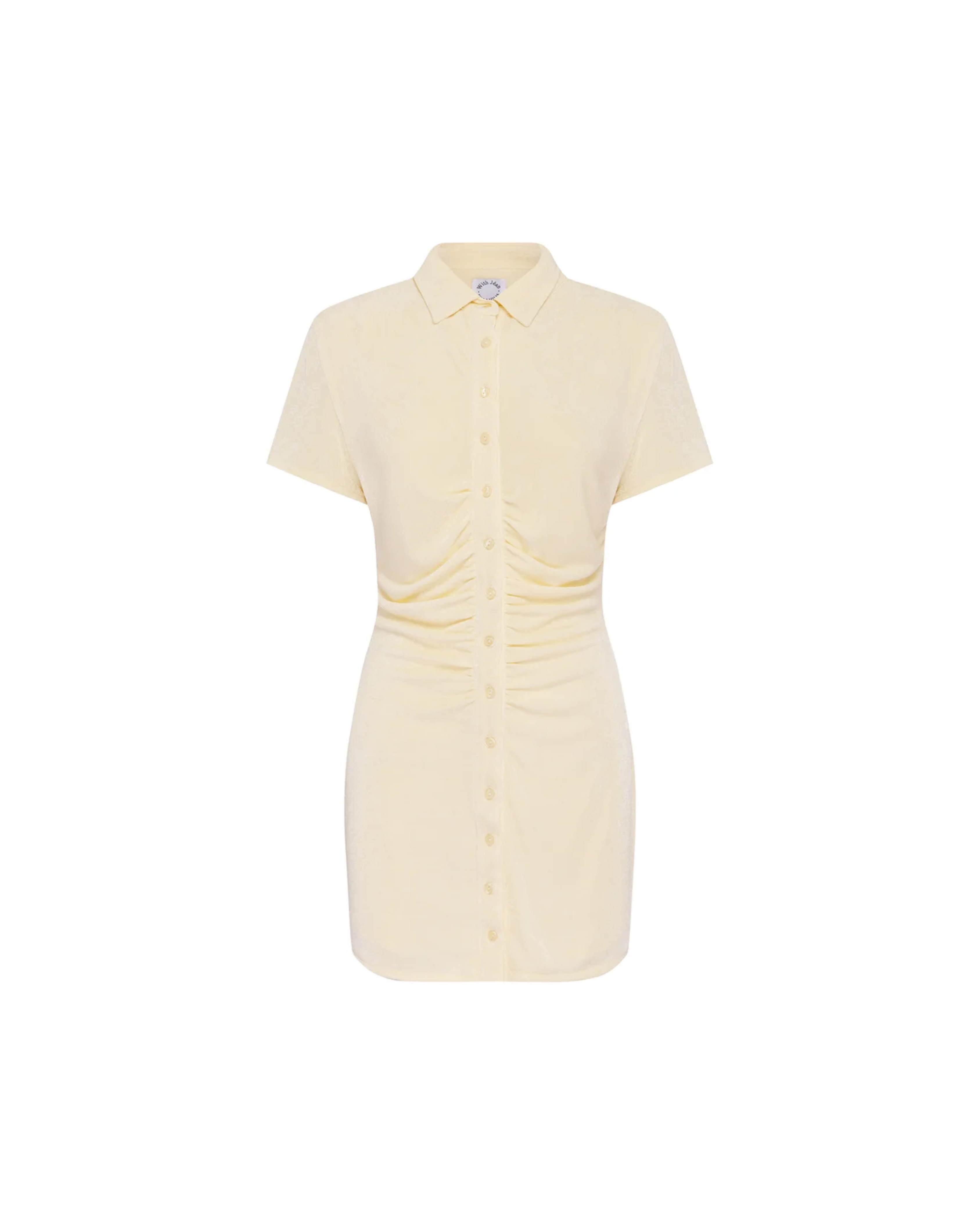 Cream short-sleeve ruched shirt dress with collar and button front — With Jean | Endless UAE