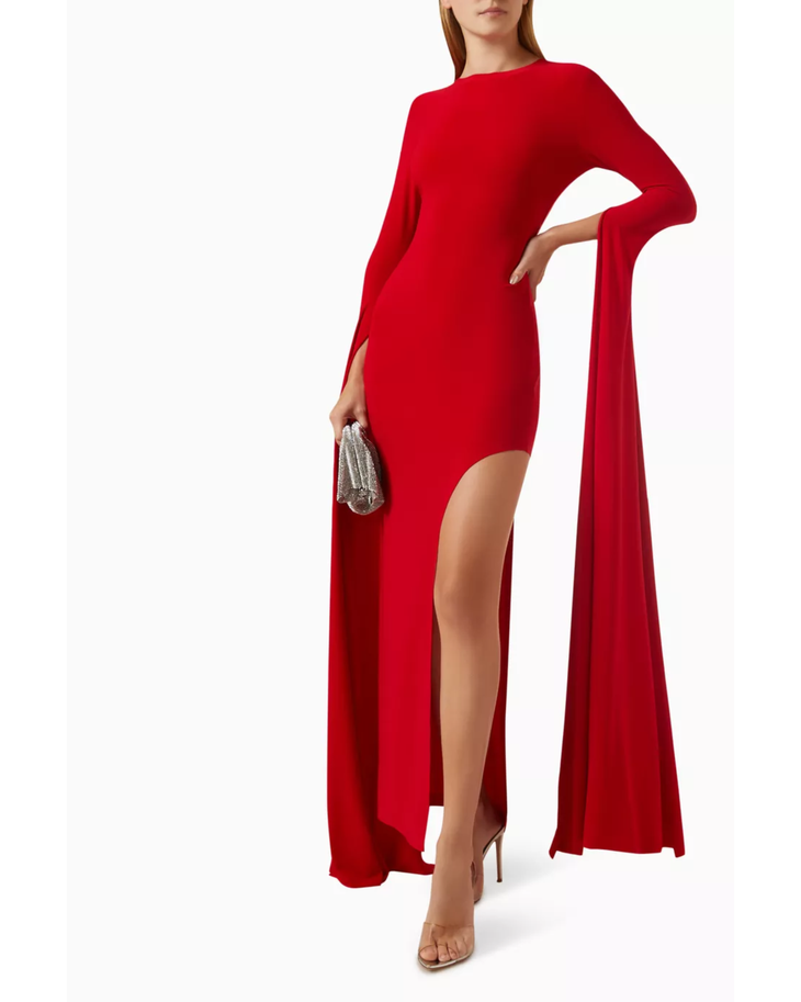 Red ribbon-sleeve gown with high slit and dramatic trailing sleeve — Norma Kamali | Endless UAE