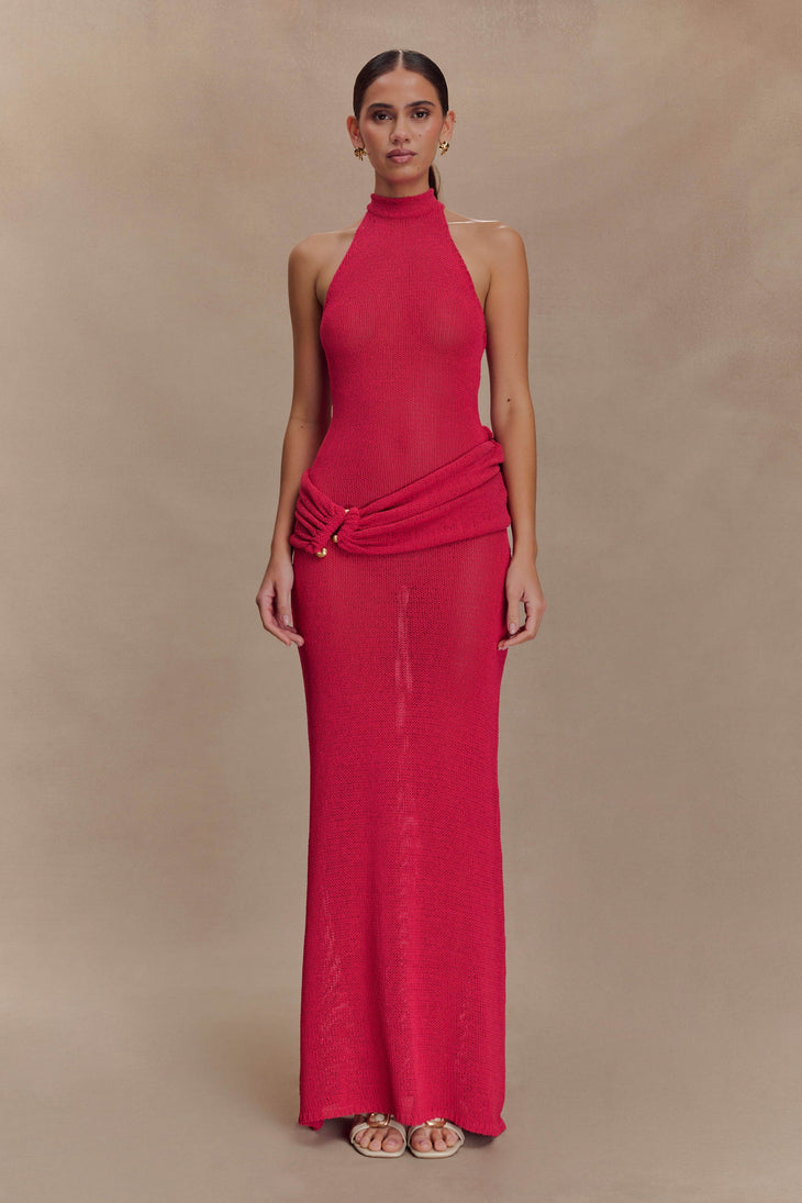 Hot pink halter knit maxi dress with draped side detail — Meshki | Endless UAE