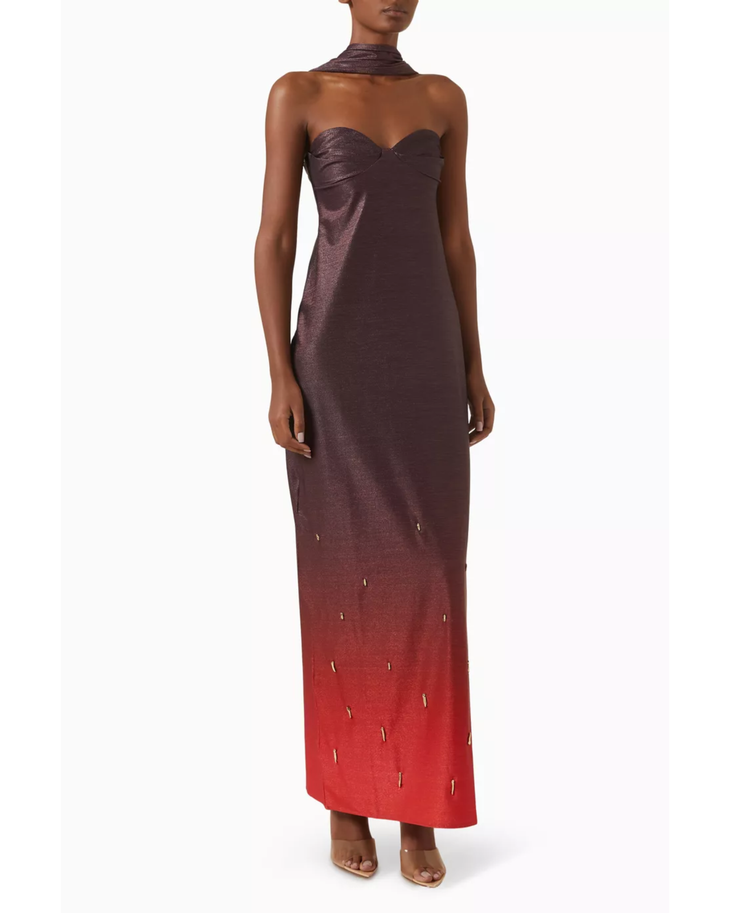 Woman wearing burgundy to red ombre maxi dress with halter neckline — Baobab | Endless UAE