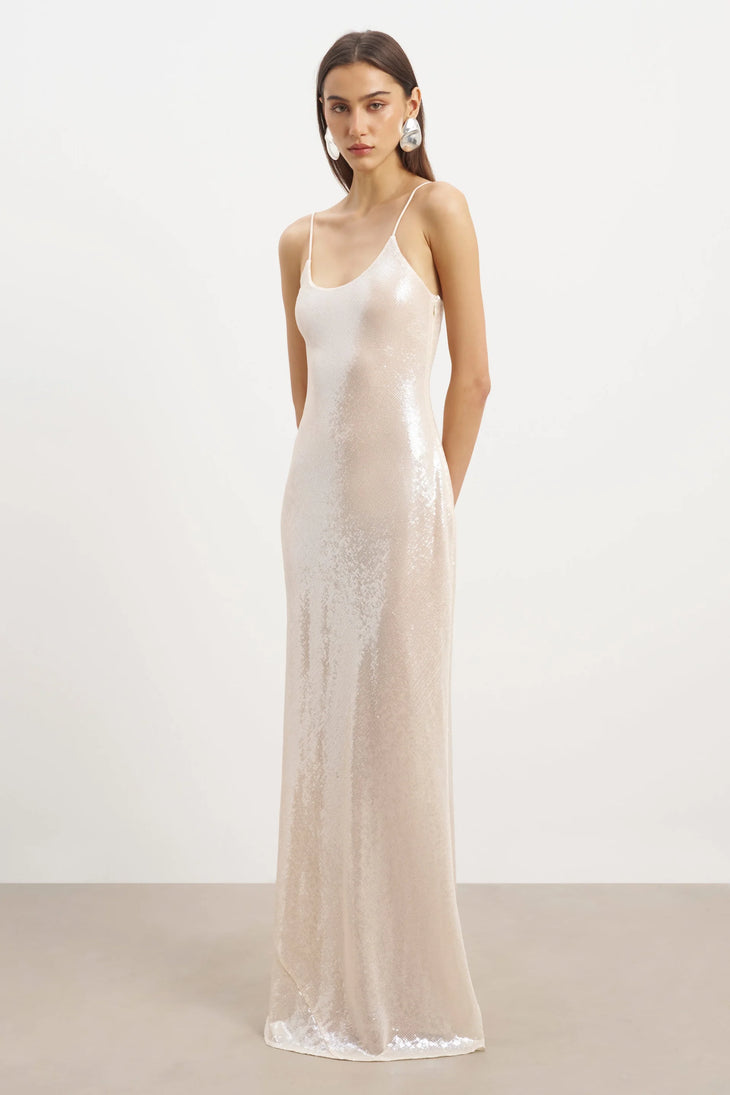 Ivory sequin camisole maxi dress with thin straps and flowing silhouette — Because of Alice | Endless UAE