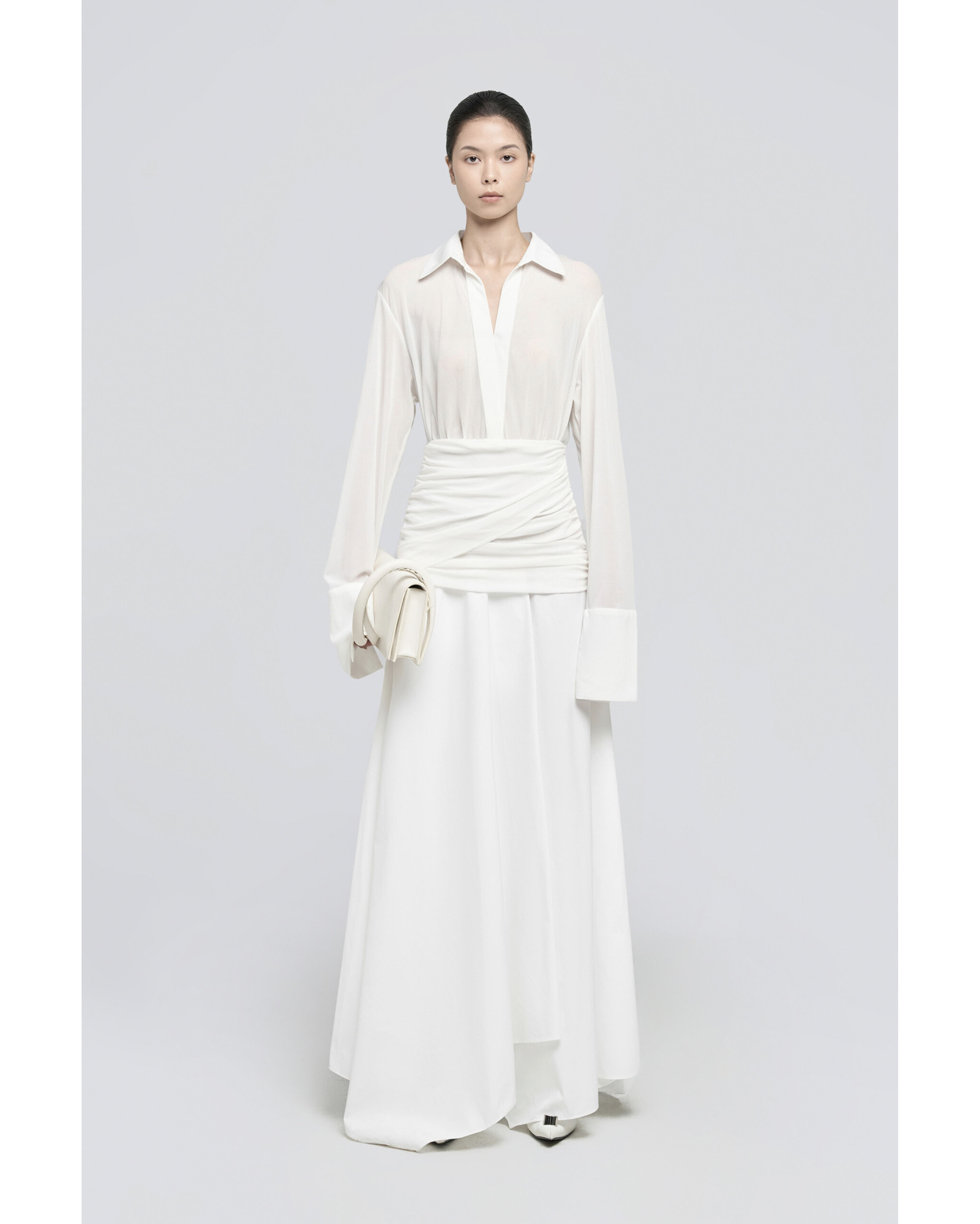 Campa Maxi Dress in cream features a collared shirt top with ruched waist detail and flowing maxi skirt — Chats By C.Dam | Endless UAE